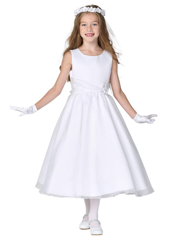 Lito Girls White Satin Top Crystal Organza Skirt Communion Dress 6-12 - SophiasStyle.com